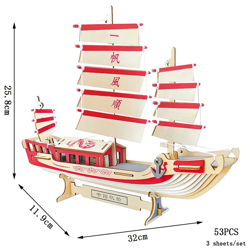 Wooden sailboat model with red and white sails, dimensions, and piece count on a white background