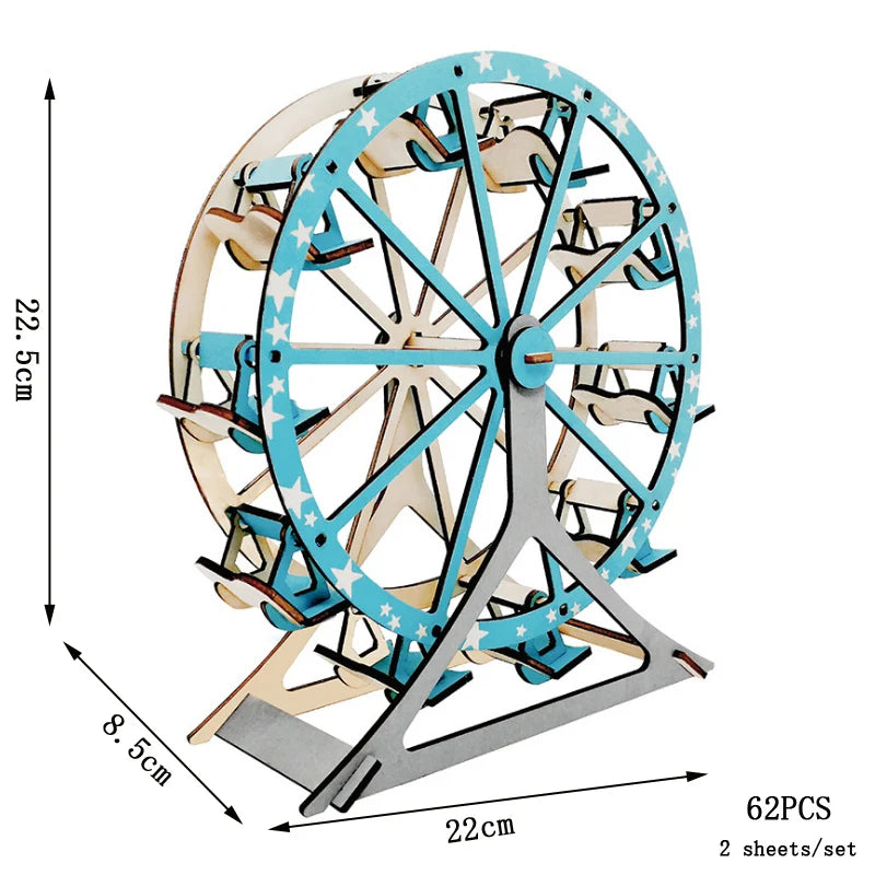 Wooden Ferris wheel model with measurements and piece count on a white background