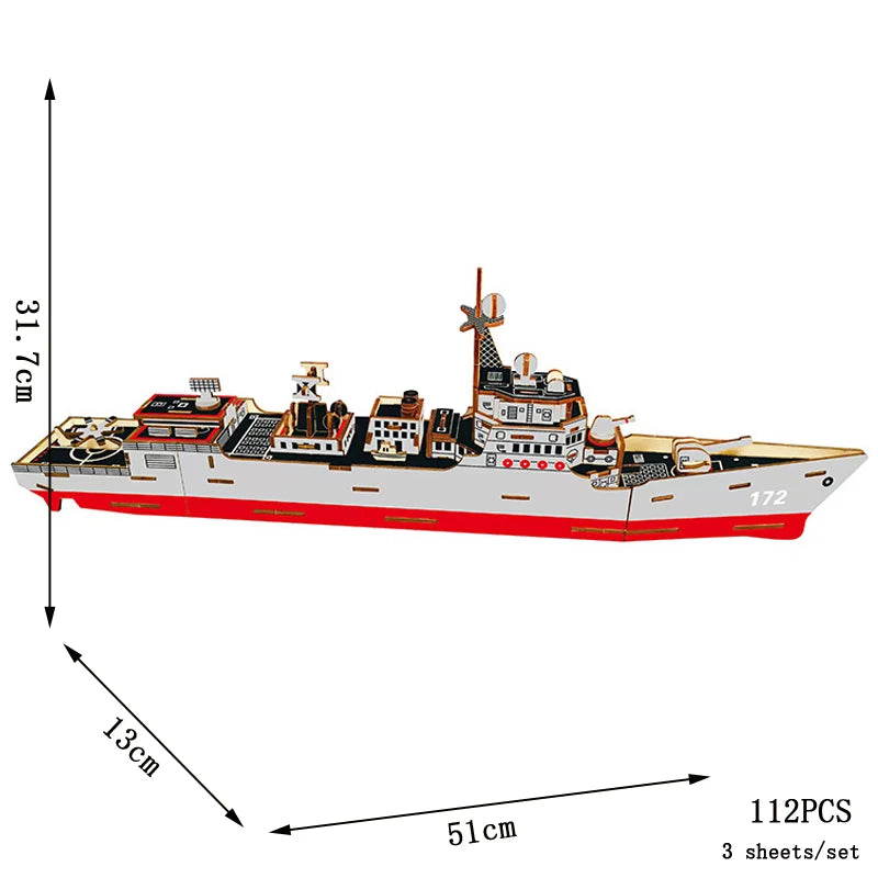 Toy ship model with dimensions and piece count on a white background