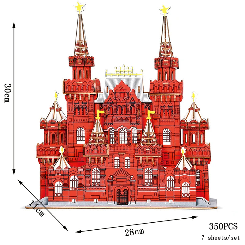 Red architectural model with measurements on a white background