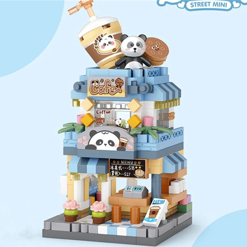 Toy building set with panda characters on a light blue background